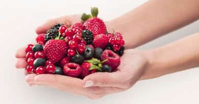 Mão feminina segurando um punhado de frutas vermelhas