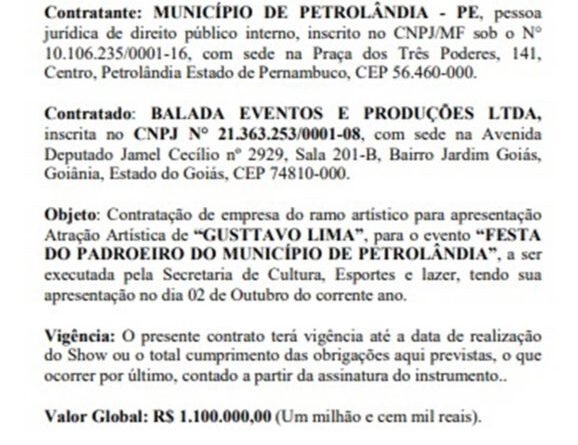 Contrato Gusttavo Lima Petrolândia - Metrópoles