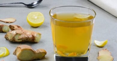 Foto colorida de copo com chá de gengibre e suco de limão. Ao redor, tem pedaços da raiz tuberosa e da fruta cítrica - Metrópoles