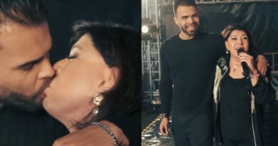 montagem com fofo de roberta miranda beijando homem branco de barba e foto dos dois abraçados enquanto ela fala em microfone - metrópoles