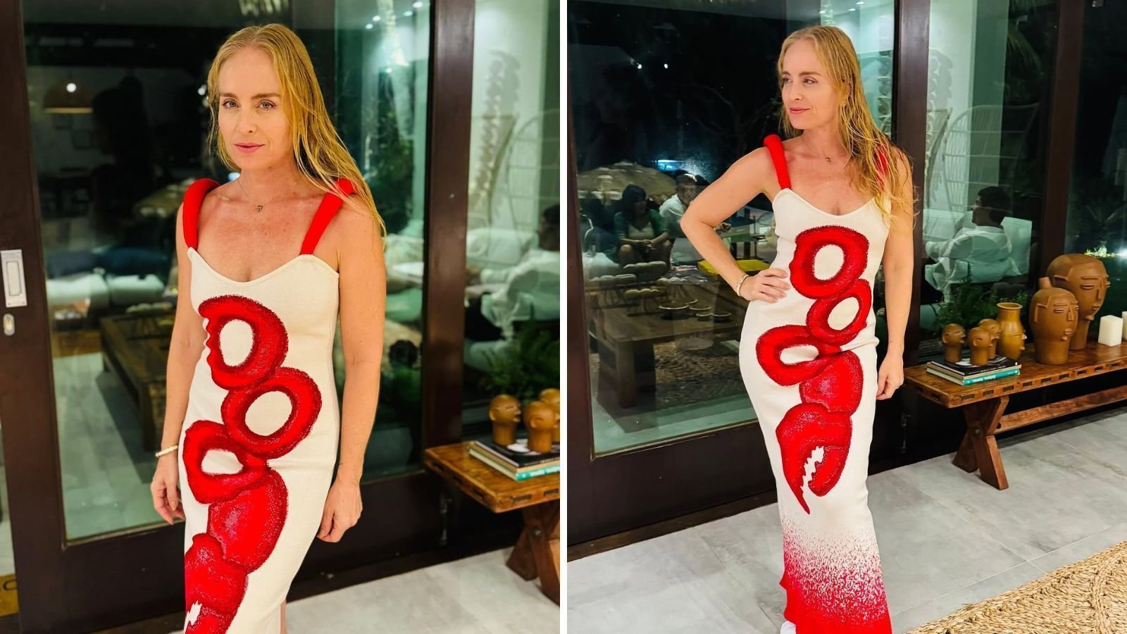 Angélica adere tendência e usa vestido com estampa de lagosta de R$ 1.300